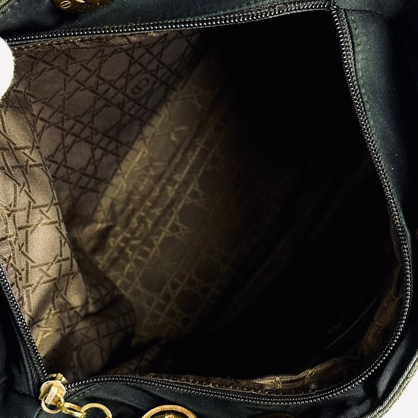Christian Dior CD Dark Olive / Black GHW Large Lady Dior Cannage Quilted Fabric Monogram Logo 2-Way Top Handle Shoulder Sling Bag