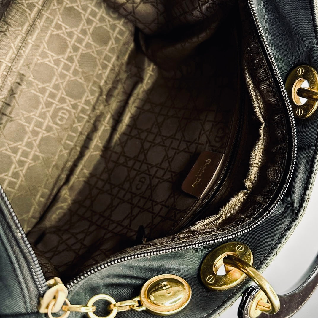 Christian Dior CD Dark Olive / Black GHW Large Lady Dior Cannage Quilted Fabric Monogram Logo 2-Way Top Handle Shoulder Sling Bag