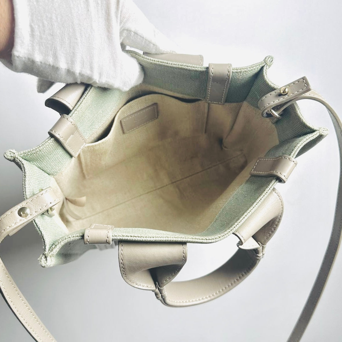 Chloe Woody Sage Green Monogram Logo 2-Way Small Shopper Shoulder Sling Tote Bag
