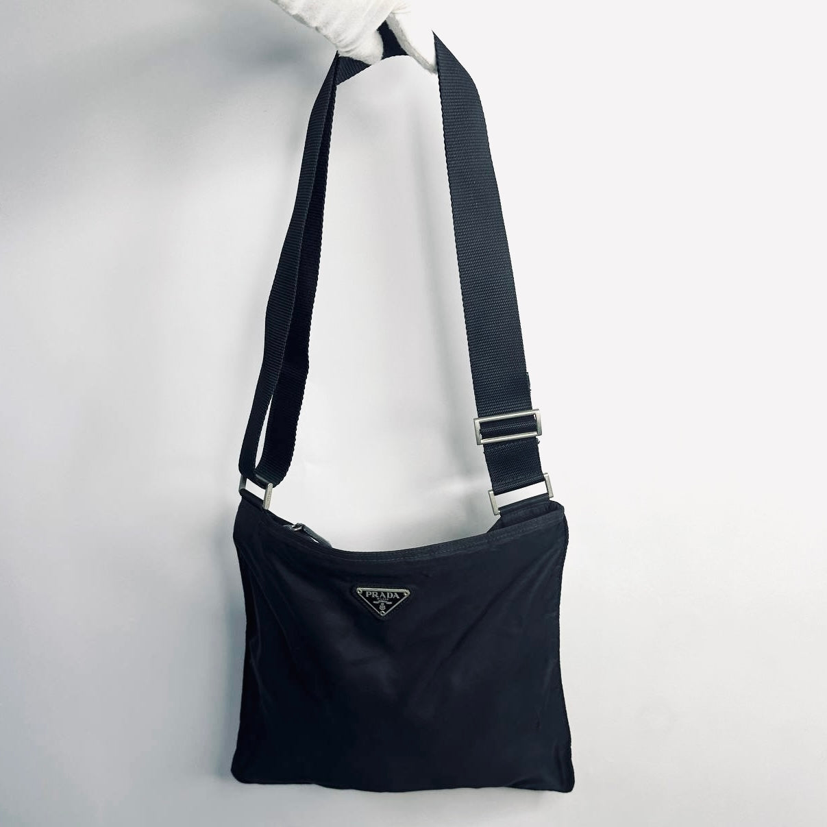 Prada Black Tessuto Monogram Logo Classic Nylon Zip Shoulder Sling Bag