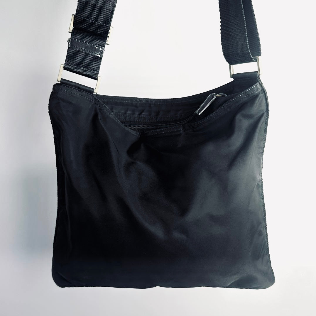 Prada Black Tessuto Monogram Logo Classic Nylon Zip Shoulder Sling Bag