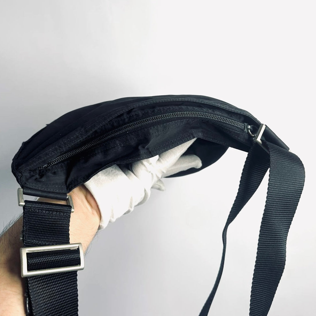 Prada Black Tessuto Monogram Logo Classic Nylon Zip Shoulder Sling Bag