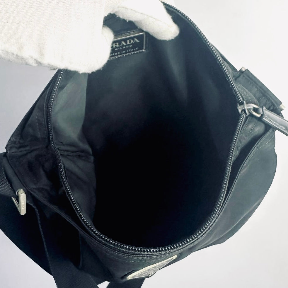 Prada Black Tessuto Monogram Logo Classic Nylon Zip Shoulder Sling Bag