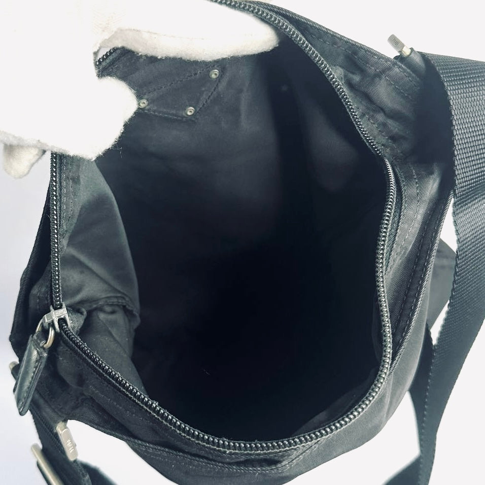 Prada Black Tessuto Monogram Logo Classic Nylon Zip Shoulder Sling Bag