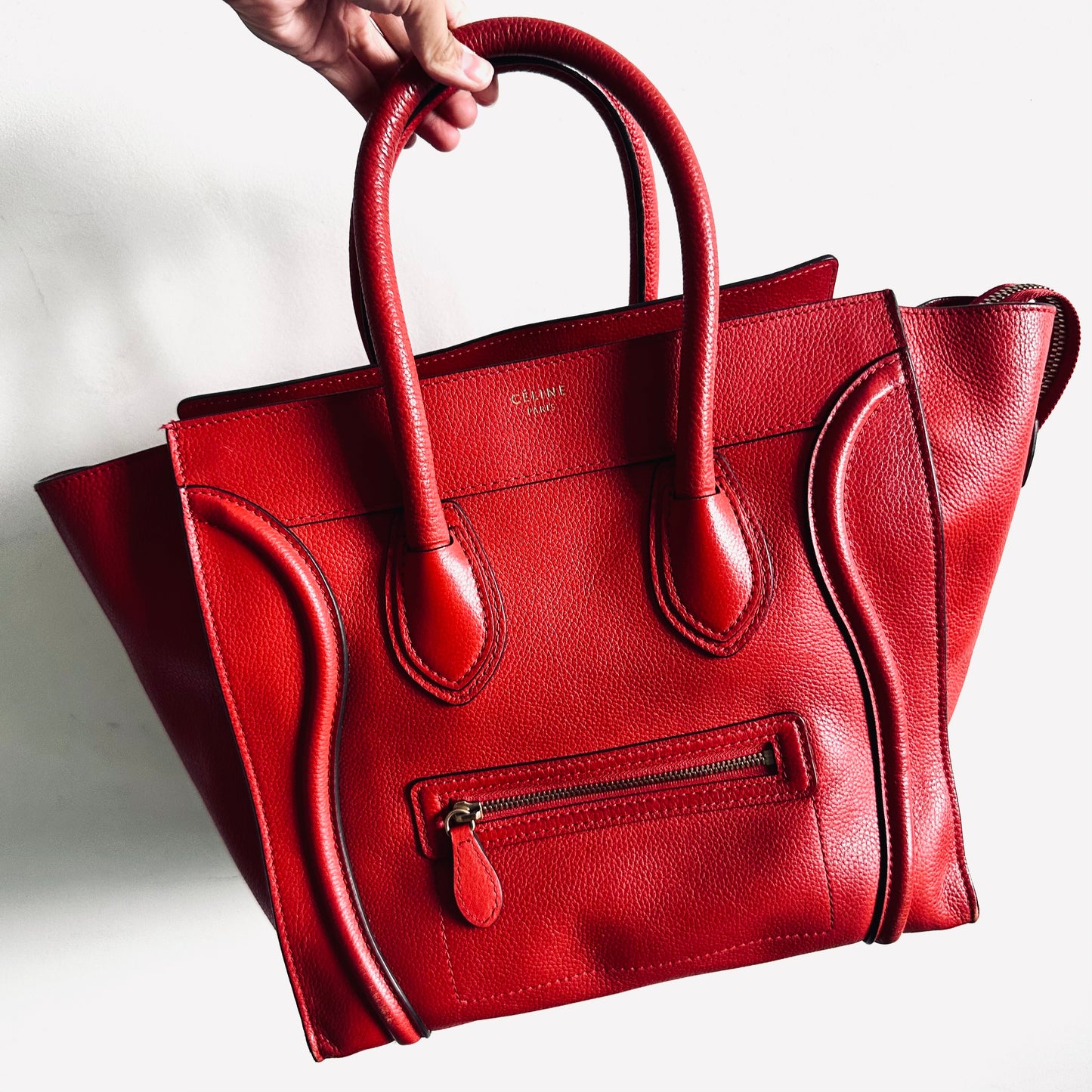 Celine Deep Rouge Red GHW Mini Luggage Logo Drummed Calfskin Top Handle Shoulder Tote Bag