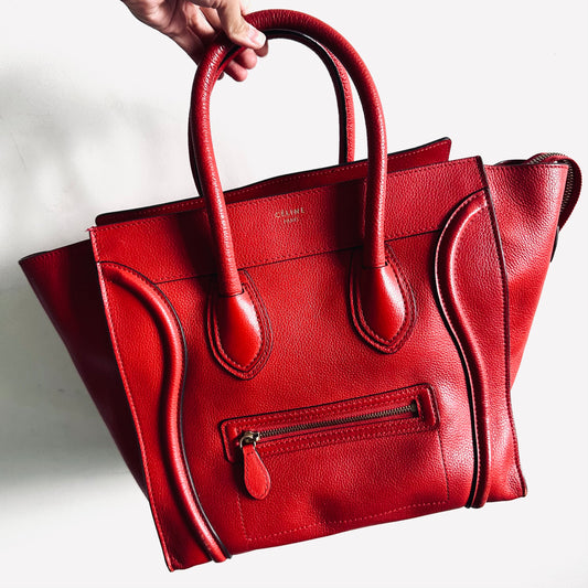 Celine Deep Rouge Red GHW Mini Luggage Logo Drummed Calfskin Top Handle Shoulder Tote Bag