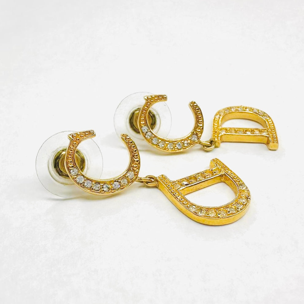 Christian Dior CD Giant Monogram Logo Gold Signature Crystals Vintage Stud Dangling Earrings