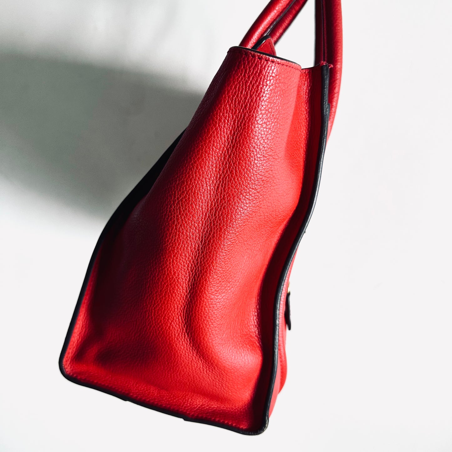 Celine Deep Rouge Red GHW Mini Luggage Logo Drummed Calfskin Top Handle Shoulder Tote Bag