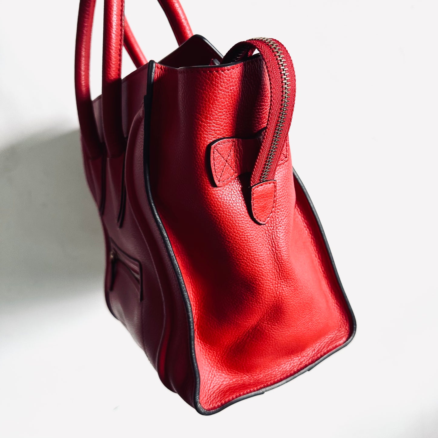 Celine Deep Rouge Red GHW Mini Luggage Logo Drummed Calfskin Top Handle Shoulder Tote Bag