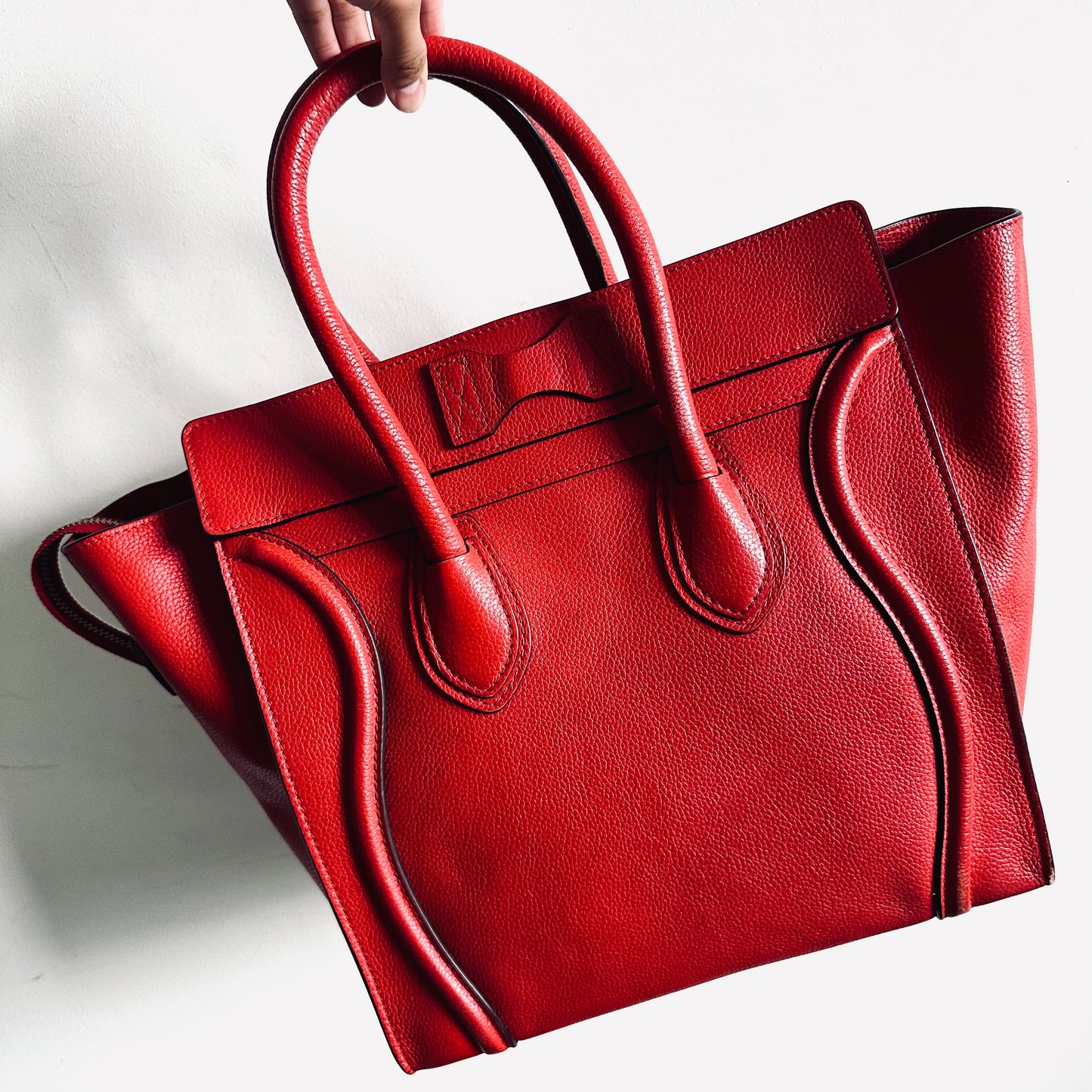 Celine Deep Rouge Red GHW Mini Luggage Logo Drummed Calfskin Top Handle Shoulder Tote Bag