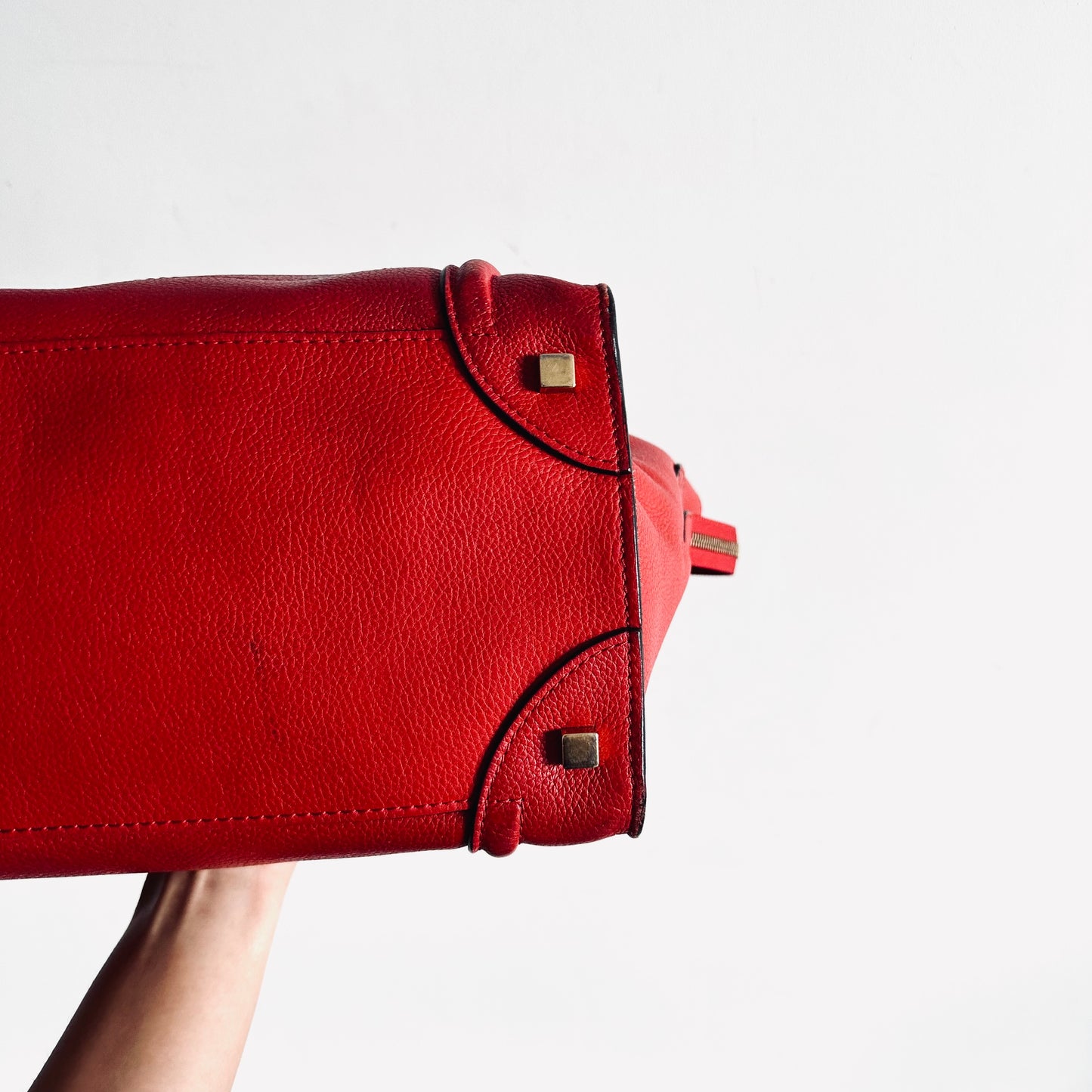 Celine Deep Rouge Red GHW Mini Luggage Logo Drummed Calfskin Top Handle Shoulder Tote Bag