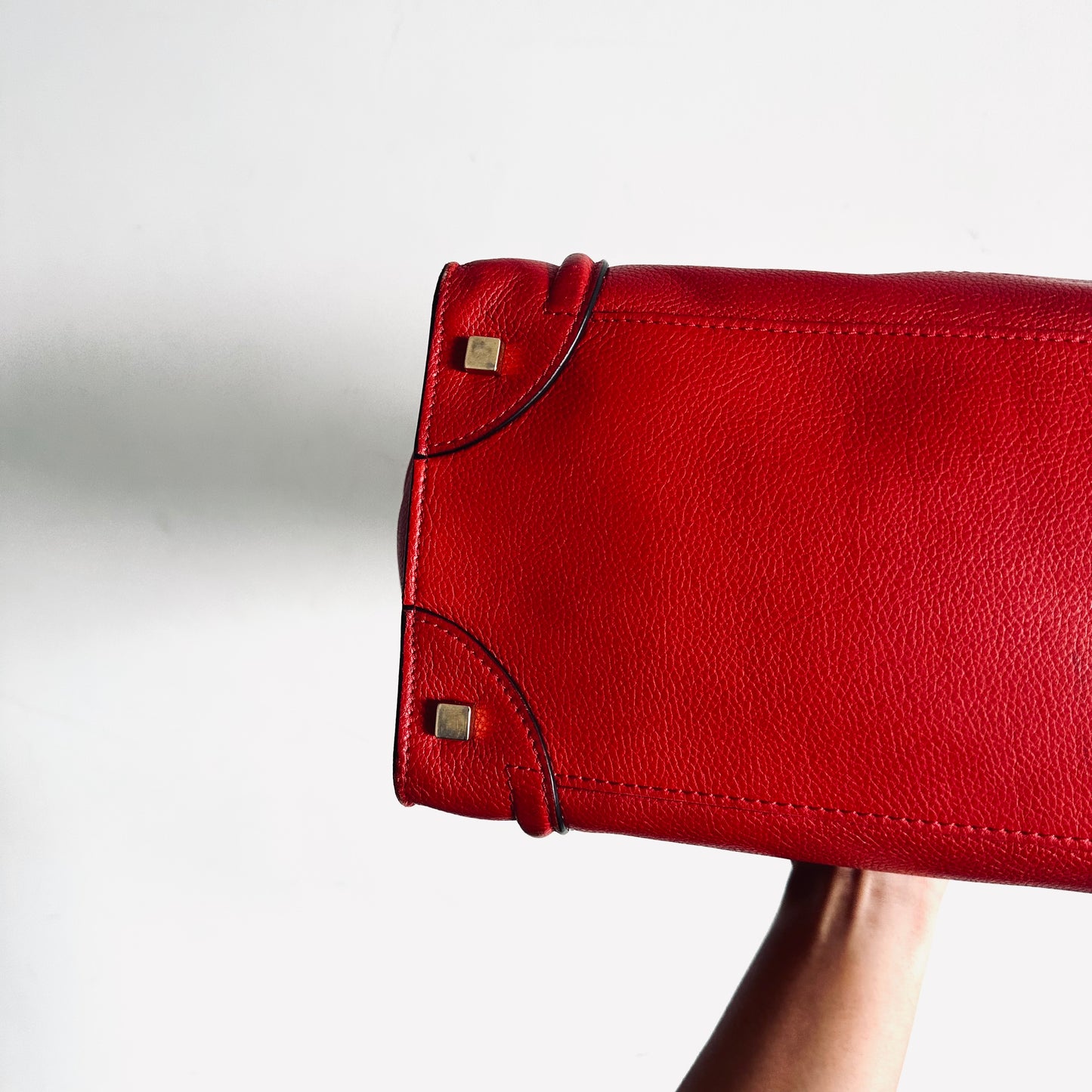 Celine Deep Rouge Red GHW Mini Luggage Logo Drummed Calfskin Top Handle Shoulder Tote Bag