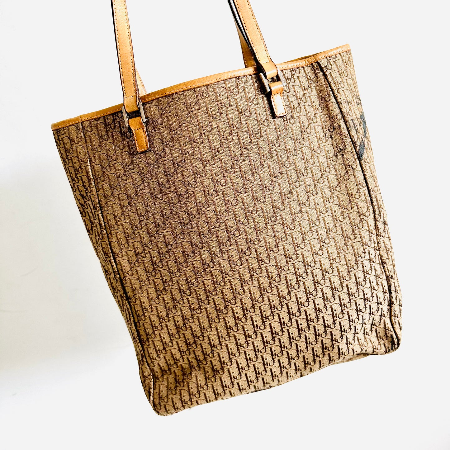 Christian Dior CD Caramel Brown Iridescent Monogram Logo Shopper Shoulder Tote Bag
