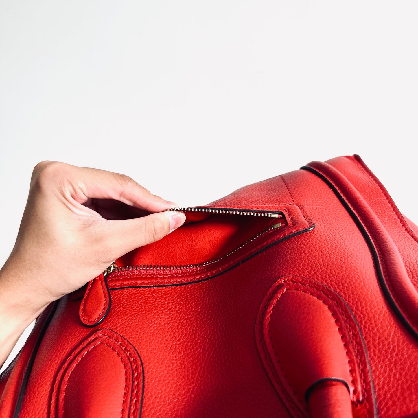 Celine Deep Rouge Red GHW Mini Luggage Logo Drummed Calfskin Top Handle Shoulder Tote Bag