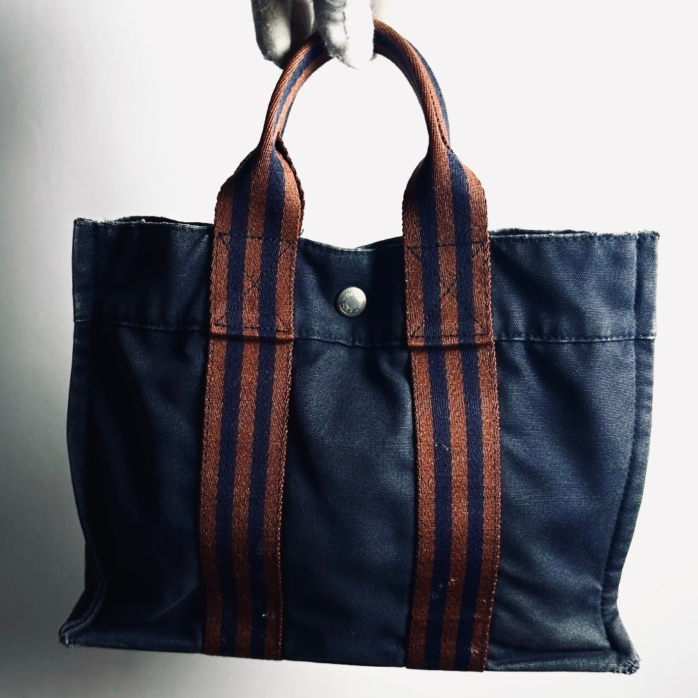 Hermes Herline Navy Blue / Maroon Fourre Fool Toile PM Structured Shopper Tote Bag