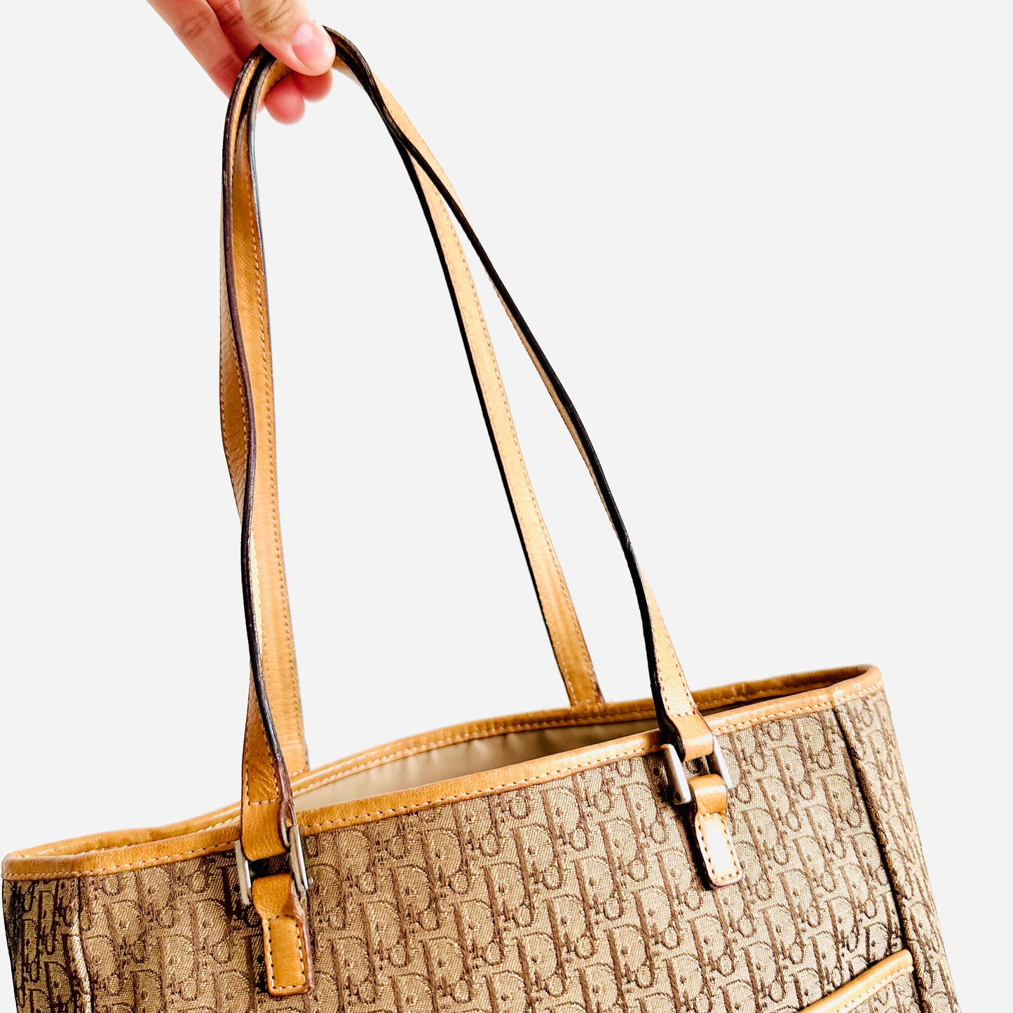 Christian Dior CD Caramel Brown Iridescent Monogram Logo Shopper Shoulder Tote Bag