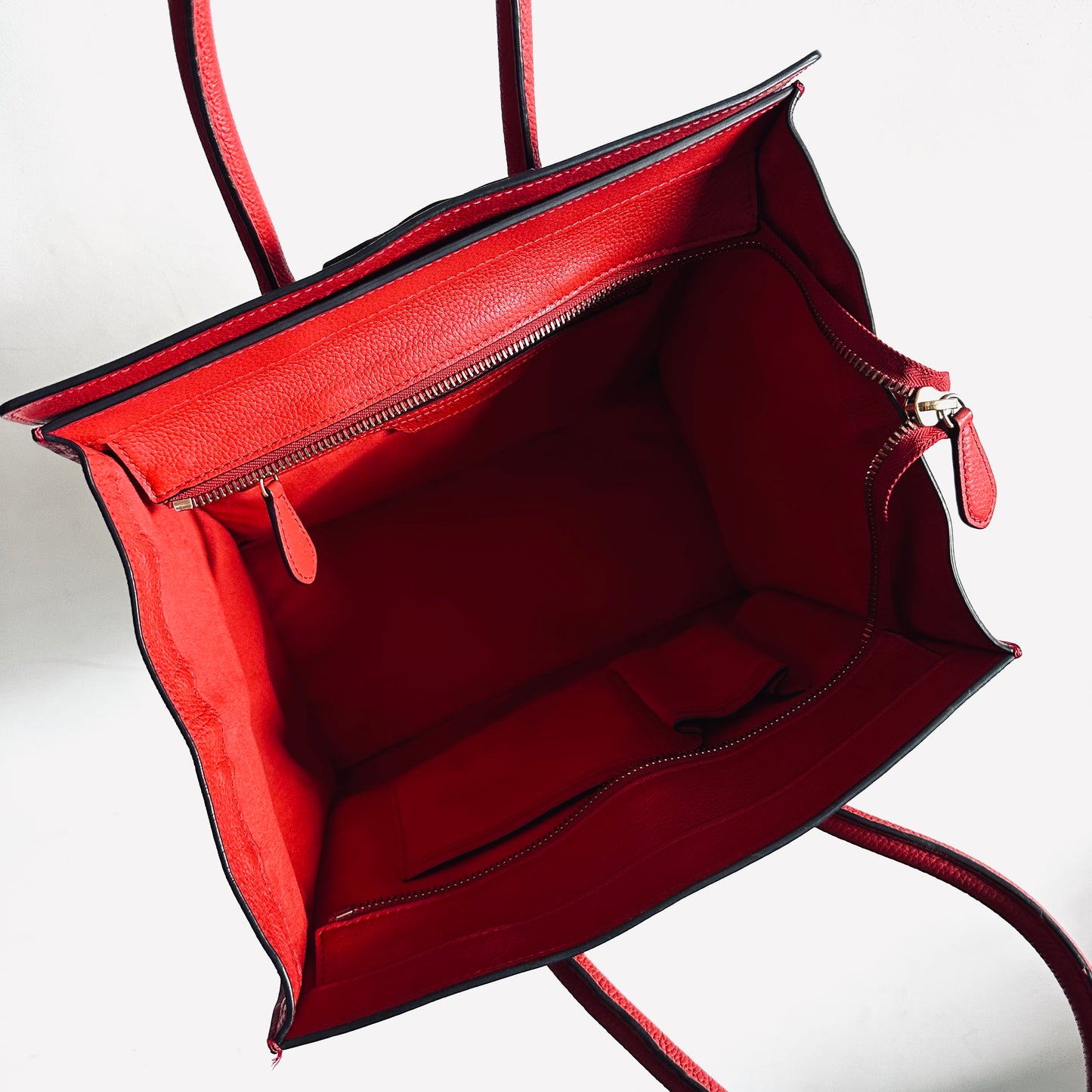 Celine Deep Rouge Red GHW Mini Luggage Logo Drummed Calfskin Top Handle Shoulder Tote Bag