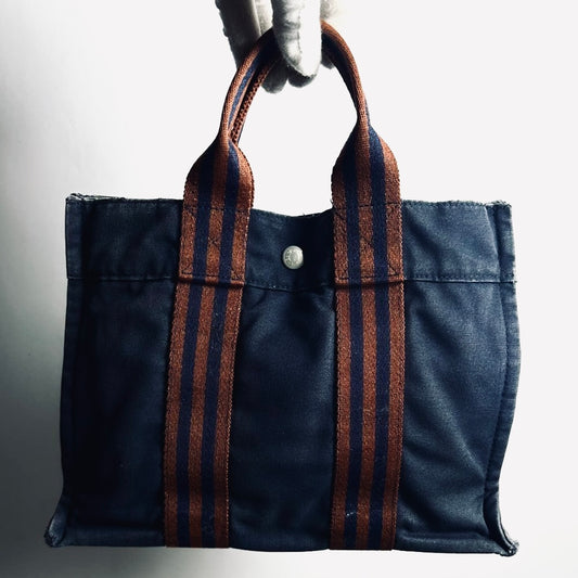 Hermes Herline Navy Blue / Maroon Fourre Fool Toile PM Structured Shopper Tote Bag