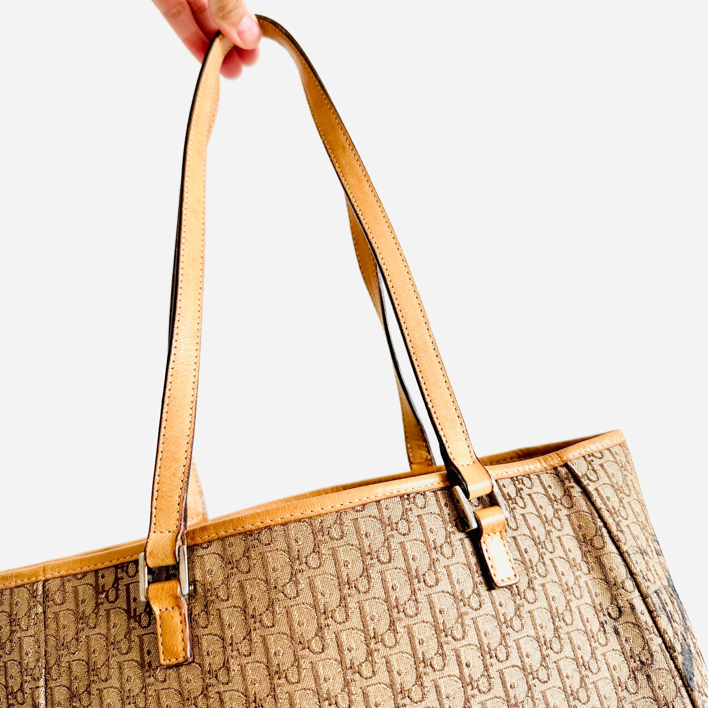 Christian Dior CD Caramel Brown Iridescent Monogram Logo Shopper Shoulder Tote Bag