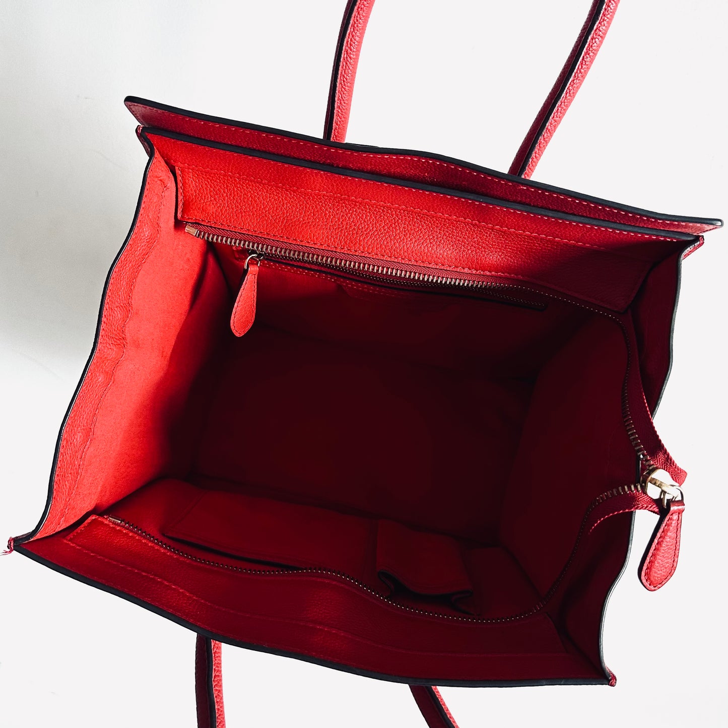 Celine Deep Rouge Red GHW Mini Luggage Logo Drummed Calfskin Top Handle Shoulder Tote Bag