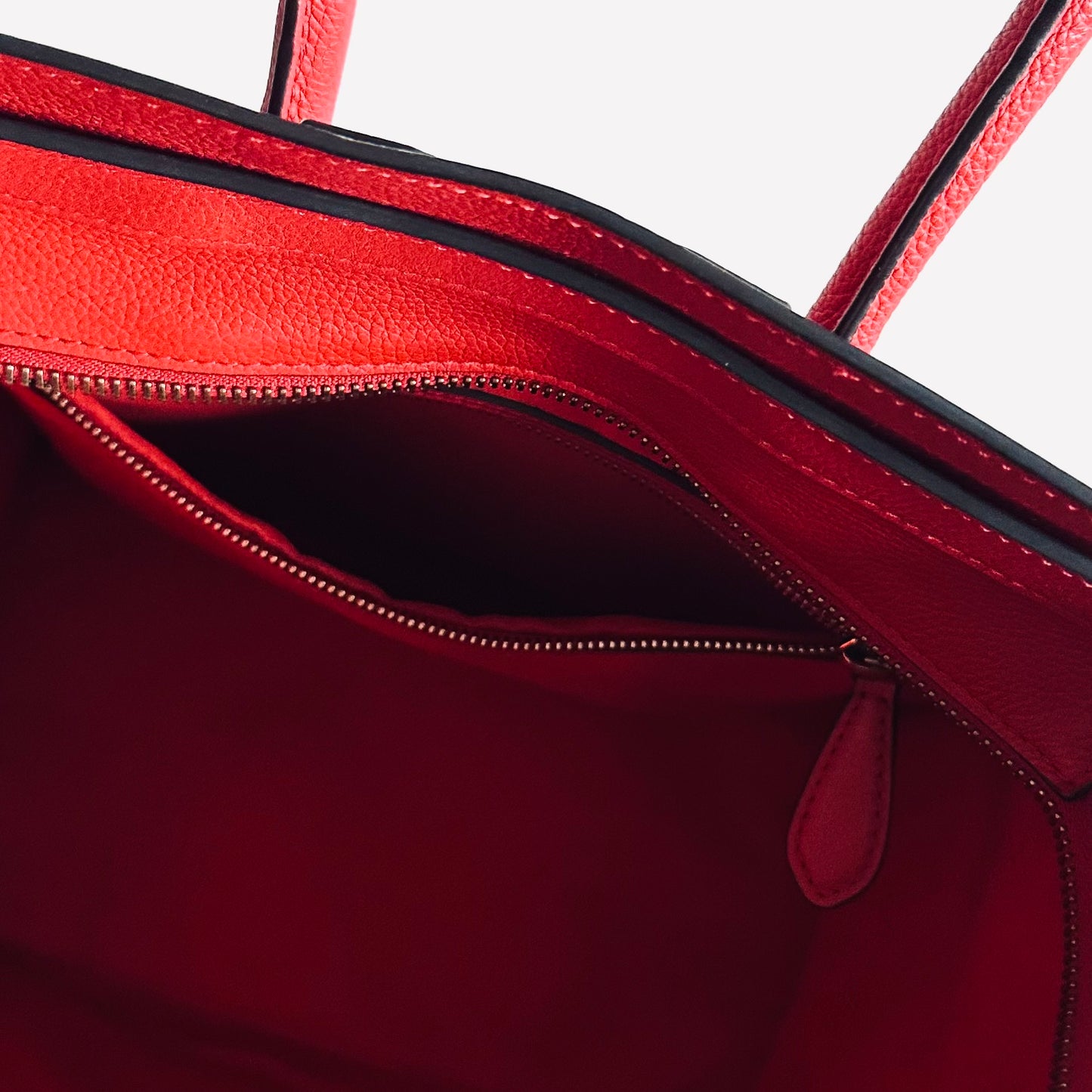 Celine Deep Rouge Red GHW Mini Luggage Logo Drummed Calfskin Top Handle Shoulder Tote Bag