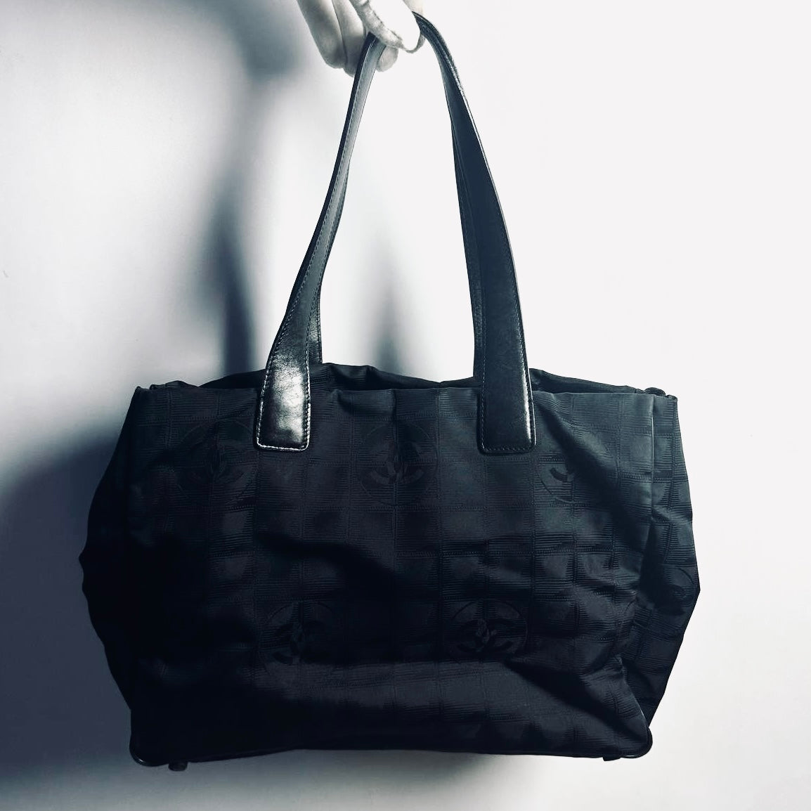 Chanel Black Travel Line Quilted Jacquard CC Monogram Logo Shoulder Shopper Tote Bag 7s