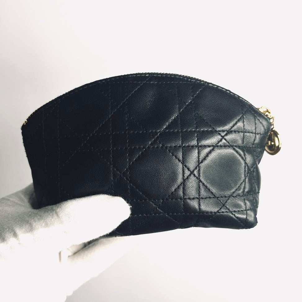 Christian Dior CD Black GHW Lady Dior Monogram Logo Cannage Quilted Lambskin Zip Cosmetic Toiletry Pouch Clutch Case