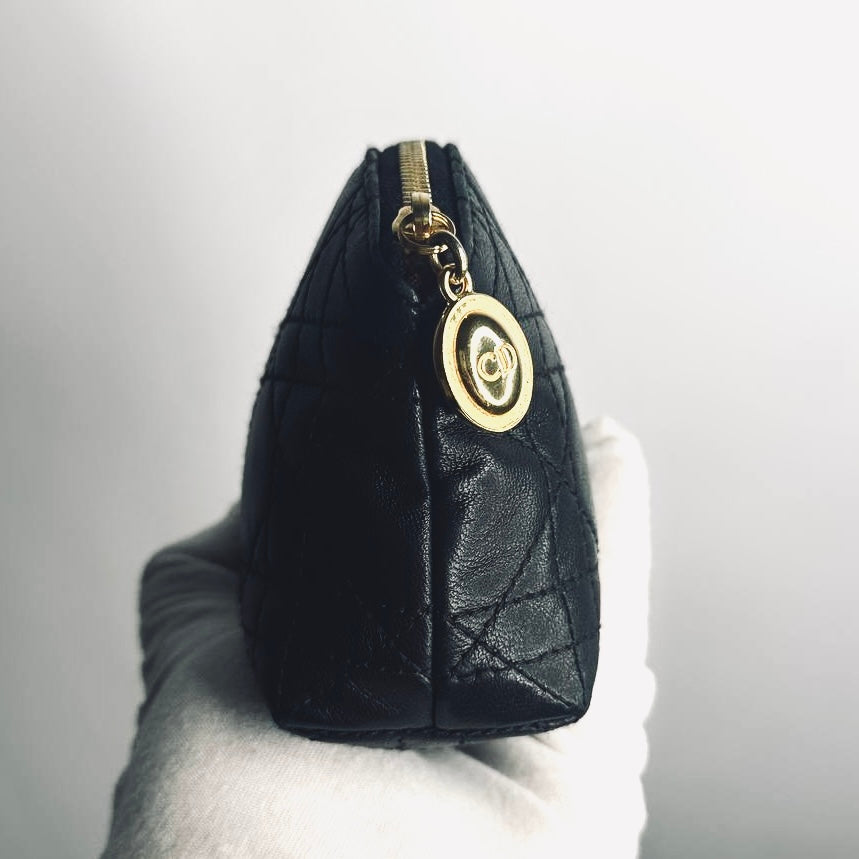 Christian Dior CD Black GHW Lady Dior Monogram Logo Cannage Quilted Lambskin Zip Cosmetic Toiletry Pouch Clutch Case