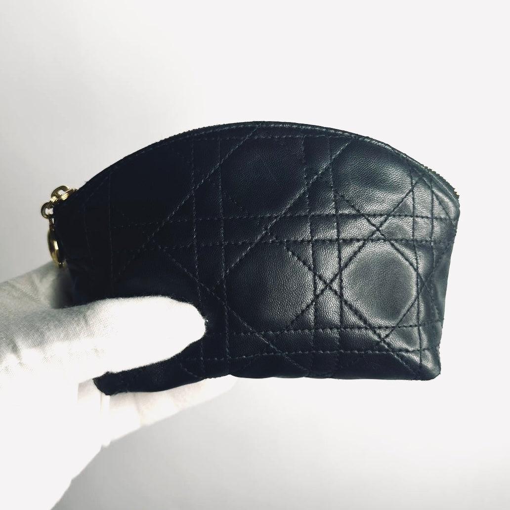 Christian Dior CD Black GHW Lady Dior Monogram Logo Cannage Quilted Lambskin Zip Cosmetic Toiletry Pouch Clutch Case
