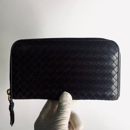 Bottega Veneta BV Dark Brown GHW Continental Intrecciato Nappa Woven Leather Zip Around Zippy Long Wallet