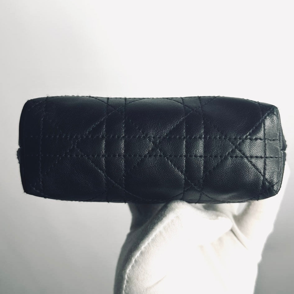 Christian Dior CD Black GHW Lady Dior Monogram Logo Cannage Quilted Lambskin Zip Cosmetic Toiletry Pouch Clutch Case
