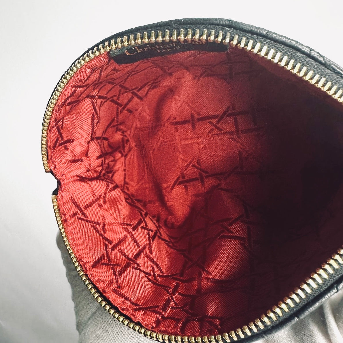 Christian Dior CD Black GHW Lady Dior Monogram Logo Cannage Quilted Lambskin Zip Cosmetic Toiletry Pouch Clutch Case
