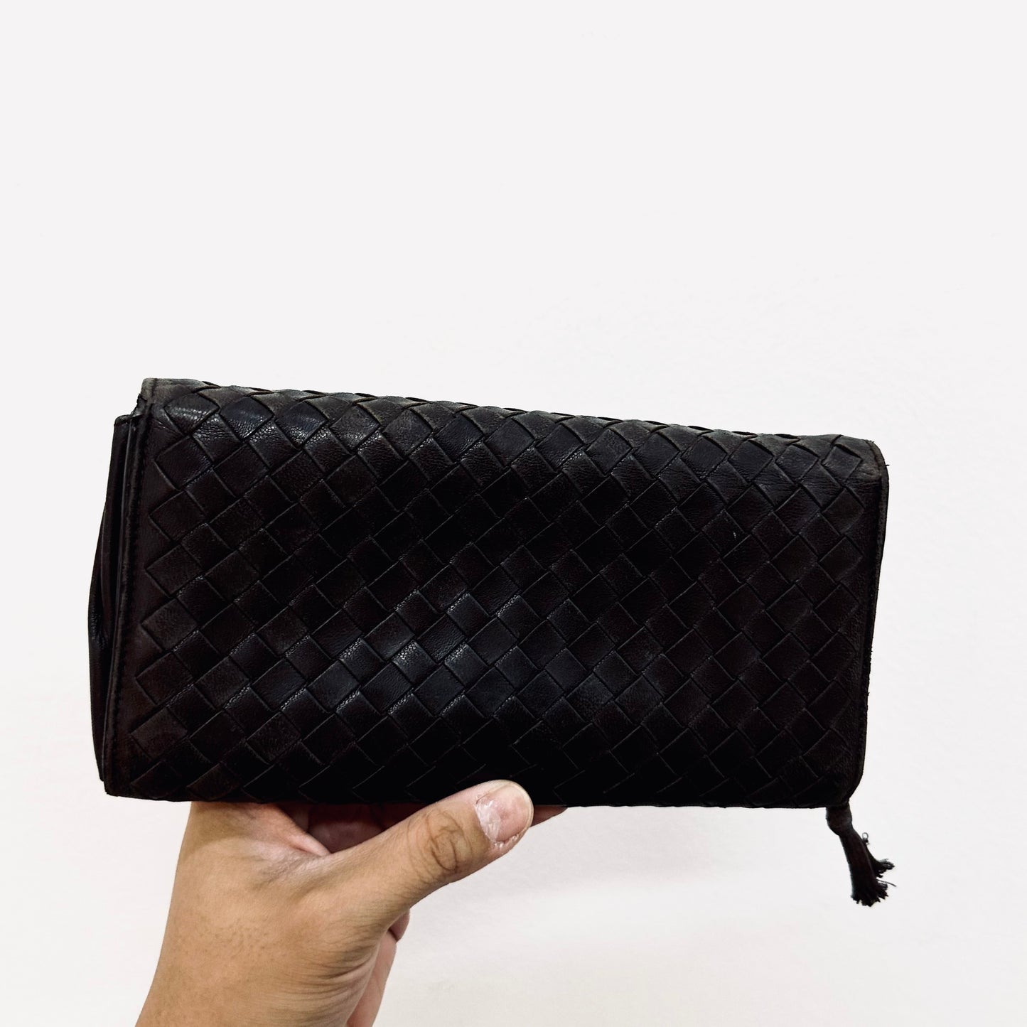 Bottega Veneta BV Dark Brown Continental Intrecciato Nappa Woven Leather Flap Long Wallet