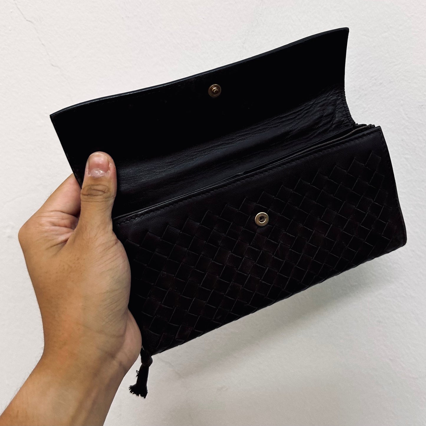 Bottega Veneta BV Dark Brown Continental Intrecciato Nappa Woven Leather Flap Long Wallet