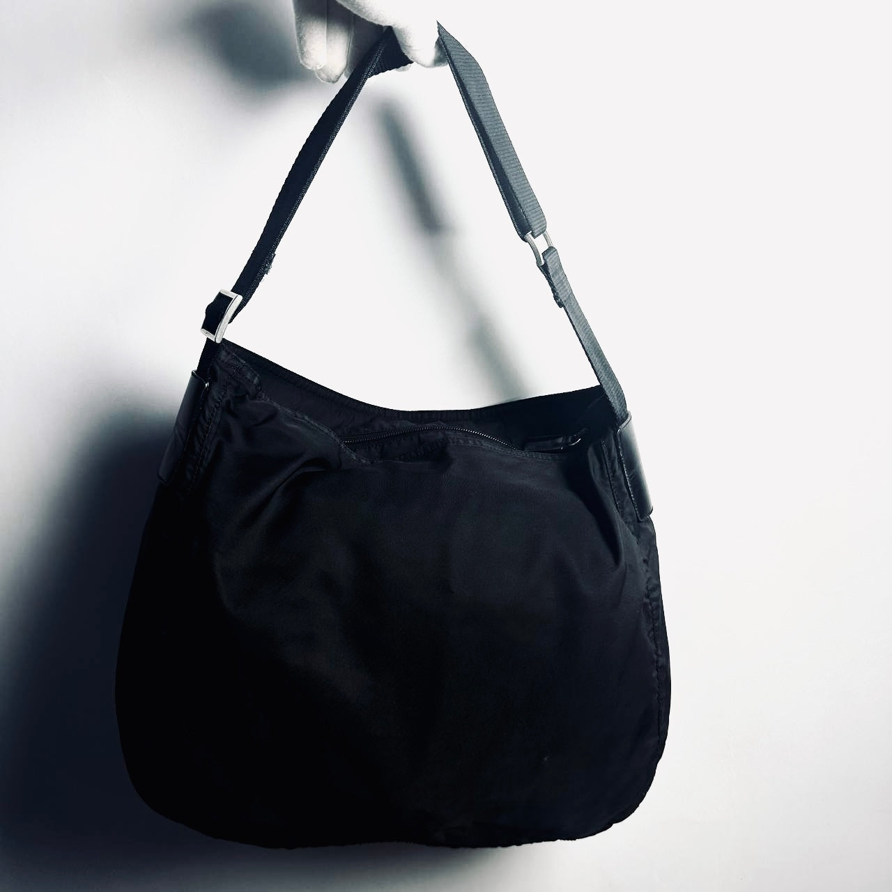 Prada Black Vela Classic Monogram Logo Hobo Baguette Nylon & Leather Shoulder Sling Bag