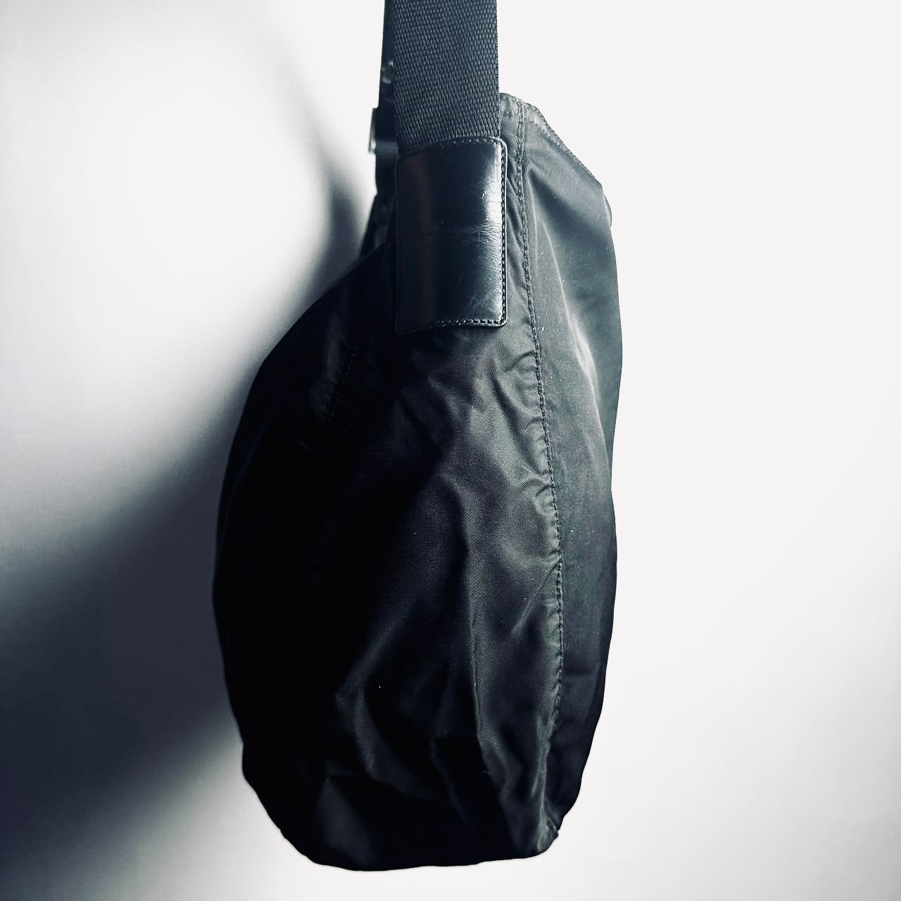 Prada Black Vela Classic Monogram Logo Hobo Baguette Nylon & Leather Shoulder Sling Bag