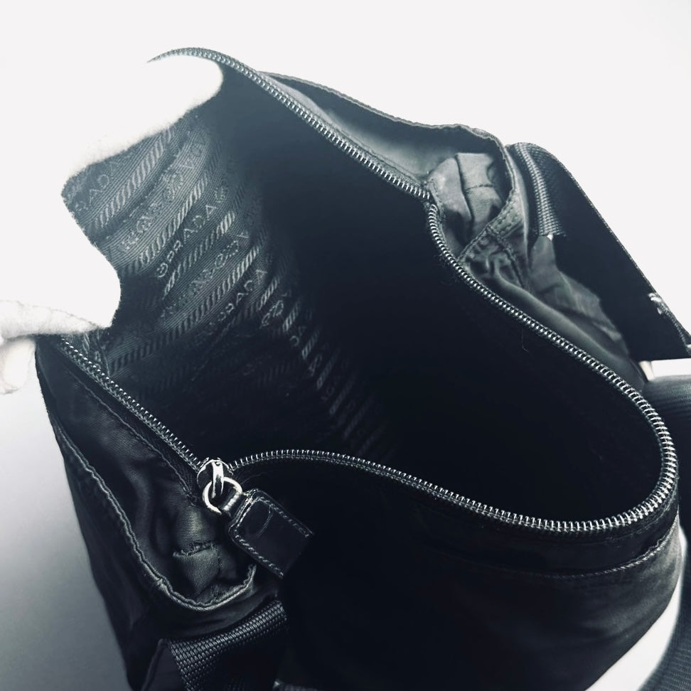 Prada Black Vela Classic Monogram Logo Hobo Baguette Nylon & Leather Shoulder Sling Bag