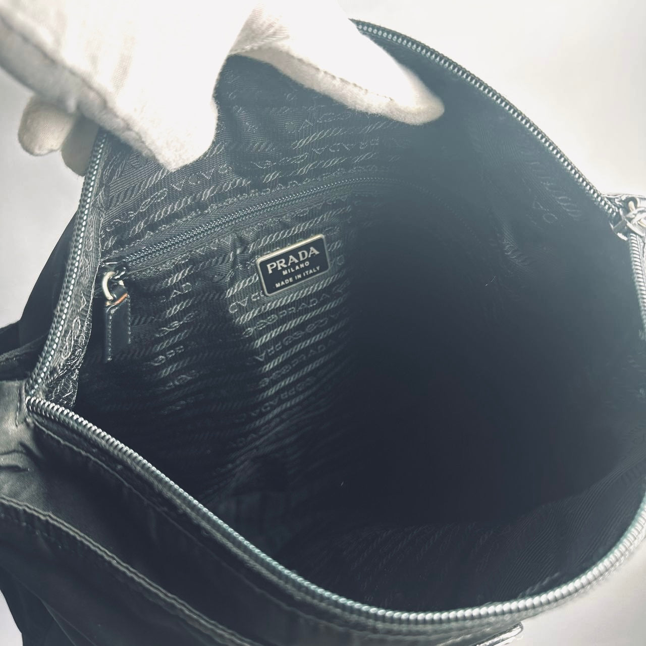 Prada Black Vela Classic Monogram Logo Hobo Baguette Nylon & Leather Shoulder Sling Bag