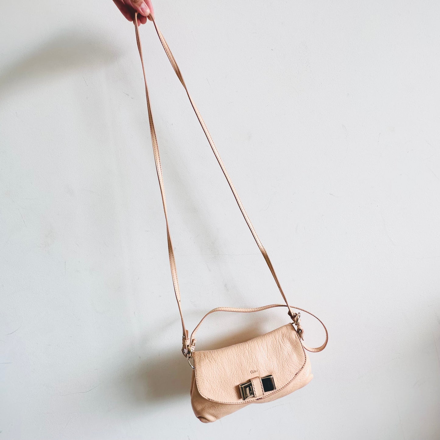 Chloe Lily Pale Blush Pink Bow Monogram Logo Pebbled Leather Top Handle Flap Shoulder Sling Bag