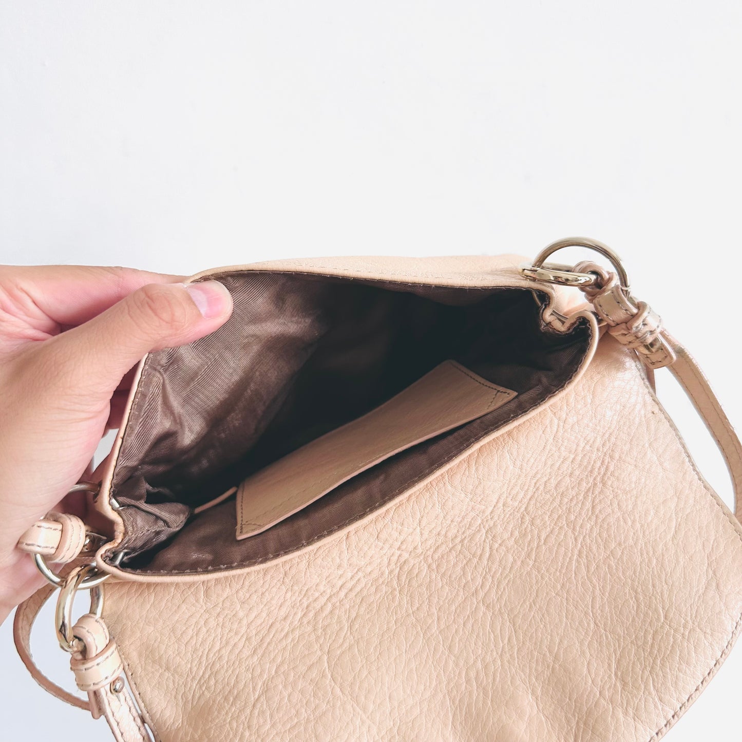 Chloe Lily Pale Blush Pink Bow Monogram Logo Pebbled Leather Top Handle Flap Shoulder Sling Bag