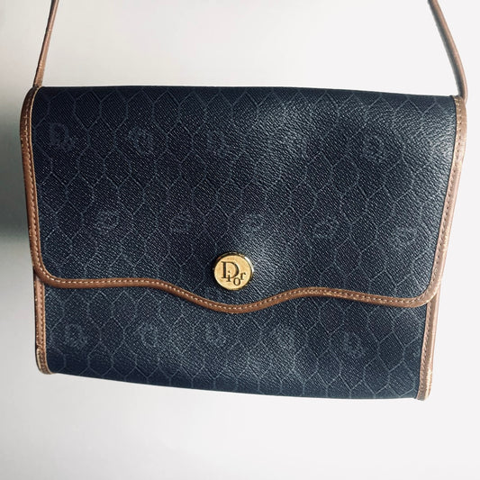 Christian Dior CD Black GHW Honeycomb Oblique Monogram Logo Vintage Flap Shoulder Sling Bag