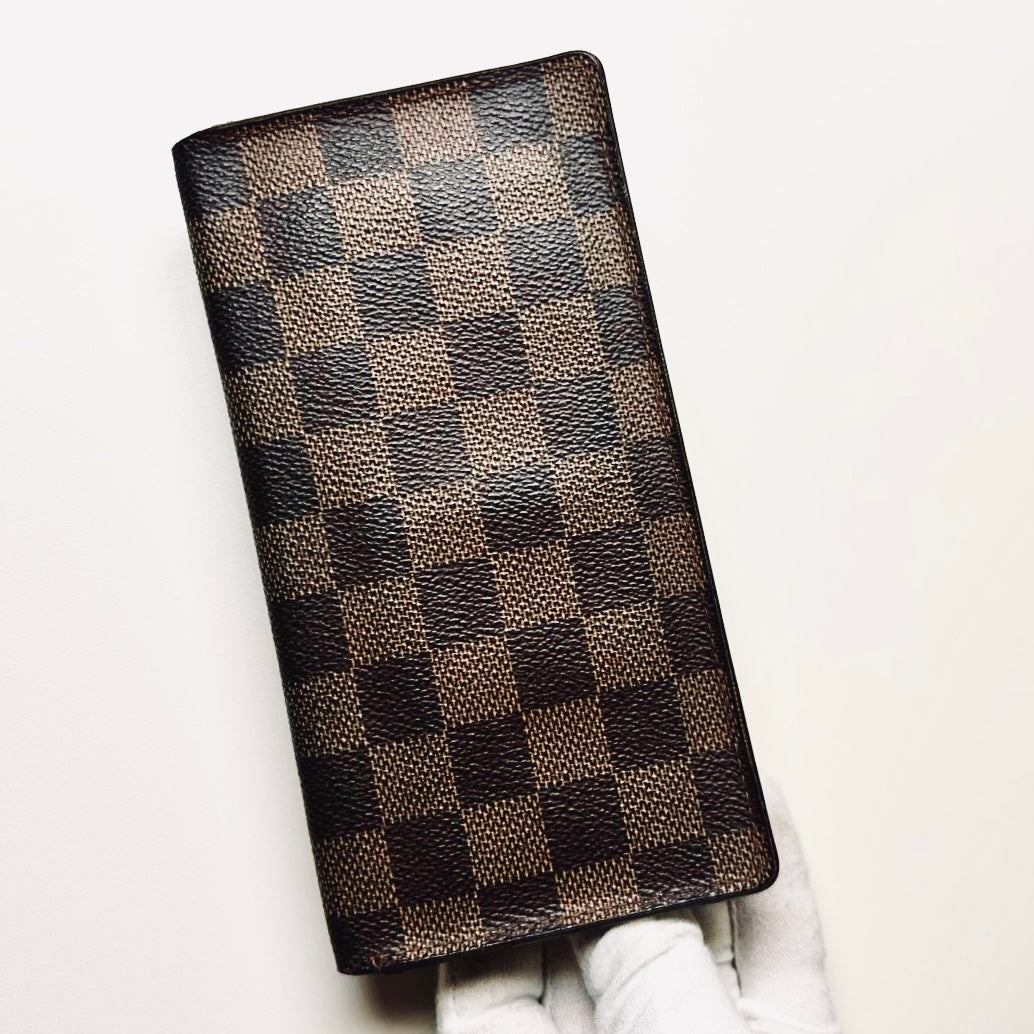 Louis Vuitton LV Porte Yen Brazza Damier Ebene DE Monogram Logo Long Bifold Flap Slim Wallet