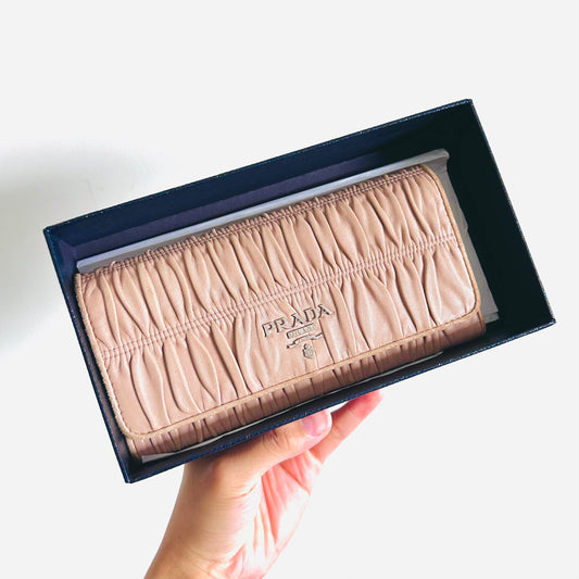 Prada Blush Pink GHW Gaufre Nappa Leather Monogram Logo Classic Continental Flap Long Wallet