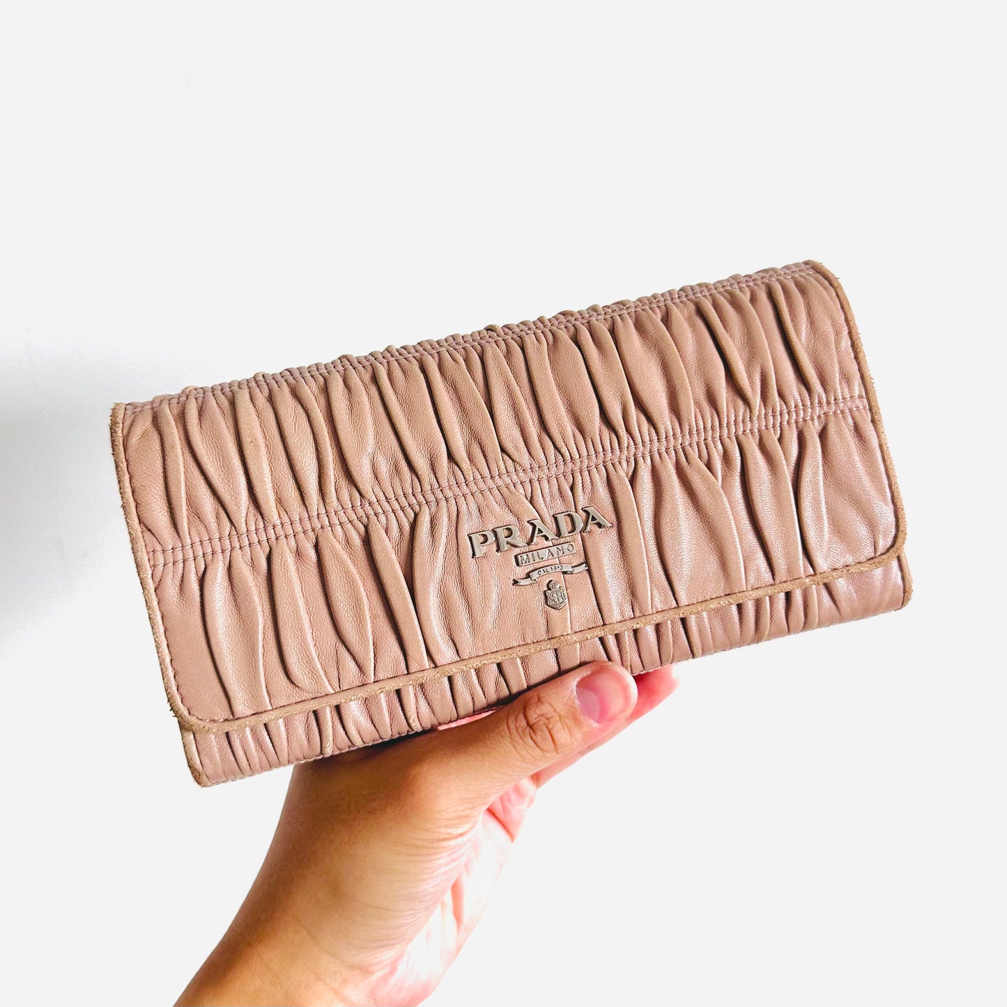 Prada Blush Pink GHW Gaufre Nappa Leather Monogram Logo Classic Continental Flap Long Wallet