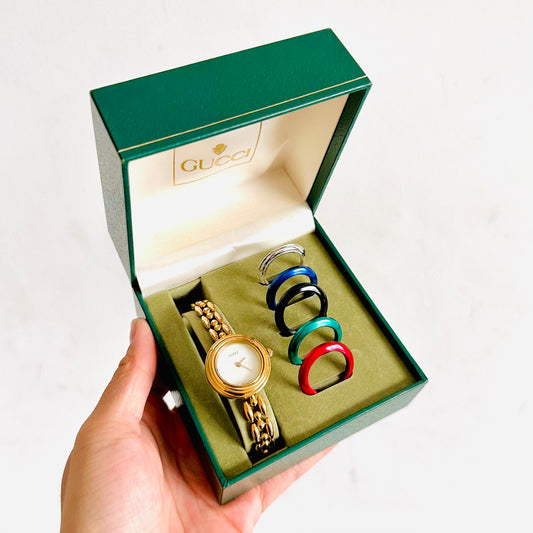 Gucci White Dial Gold Stainless Steel Change Bezel Bracelet Bangle 25MM Quartz Watch