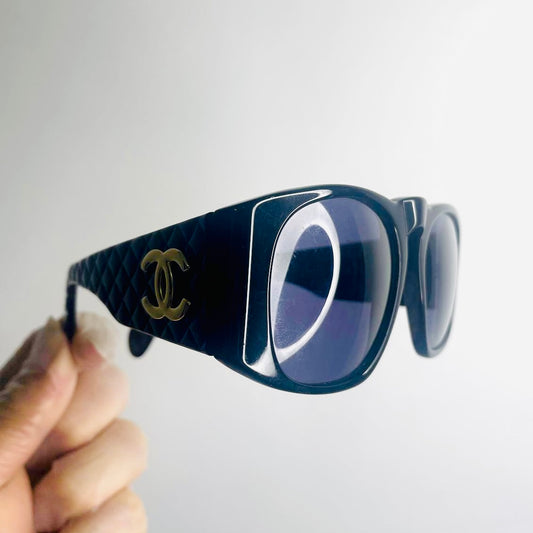 Chanel Black GHW Giant CC Logo Quilted Matelasse Aviator Sunglasses