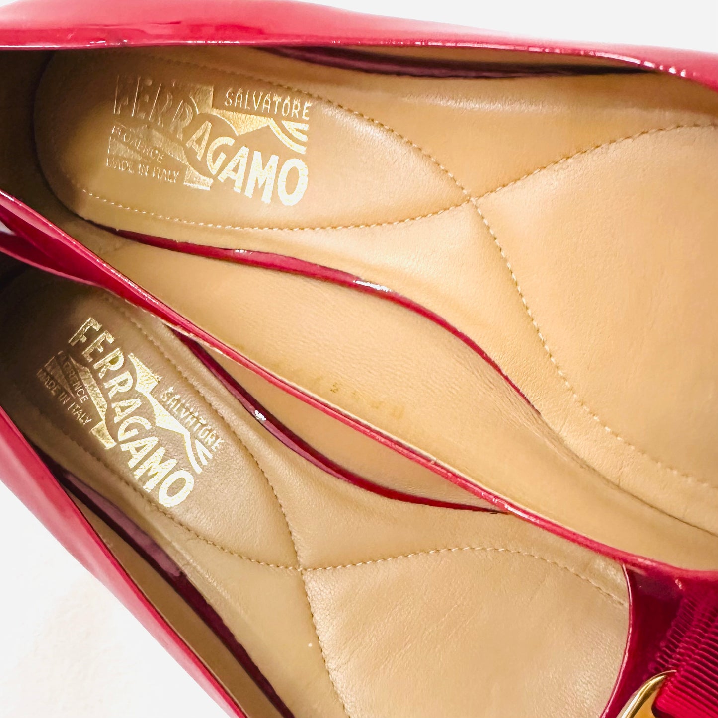 Salvatore Ferragamo Vara Red GHW Giant Monogram Logo Bow Ballet Ballerina Patent Leather Classic Flats Shoes