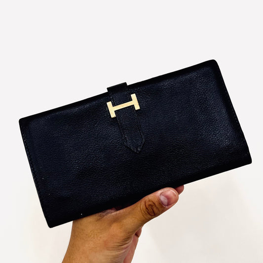 Hermes Black GHW Bearn Chevre Leather H Logo Long Bifold Wallet