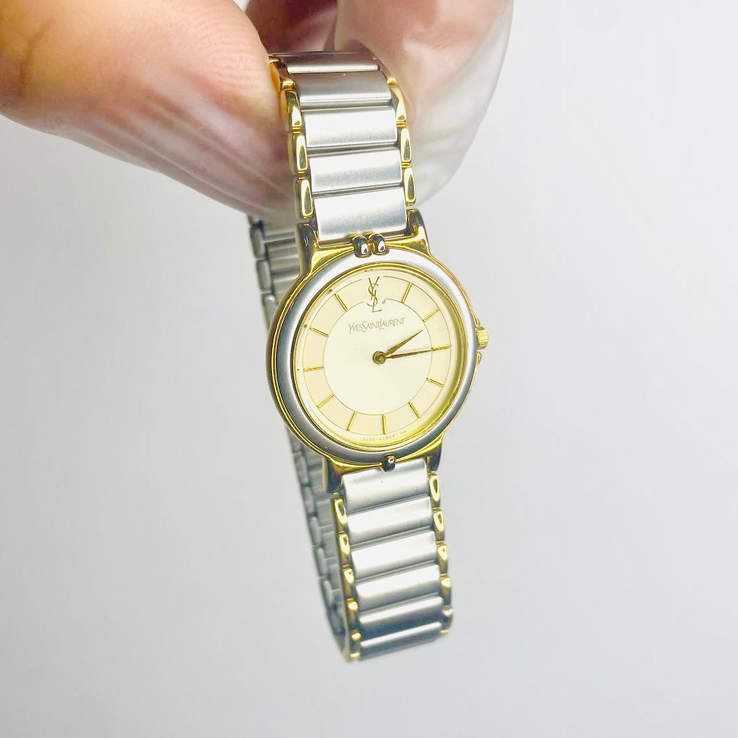 YSL Yves Saint Laurent Gold & Stainless Steel Round Circle Monogram Logo 25MM Quartz Watch