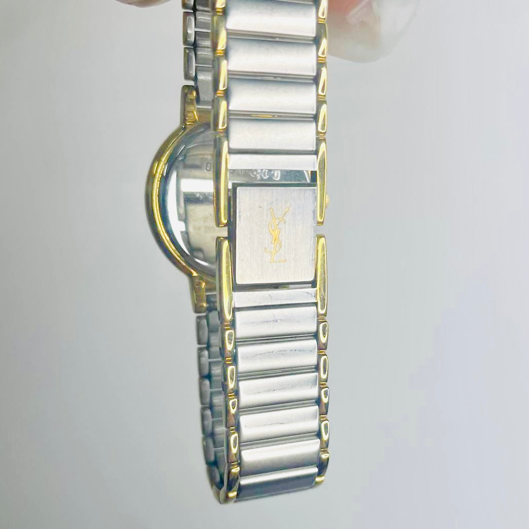 YSL Yves Saint Laurent Gold & Stainless Steel Round Circle Monogram Logo 25MM Quartz Watch